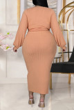 Apricot Fashion Casual Solid Bandage O Neck Plus Size Two Pieces