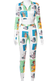 Green Sexy Print Patchwork Turndown Collar Long Sleeve Two Pieces
