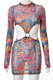 Multicolor Sexy Print Mesh Half A Turtleneck Pencil Skirt Dresses