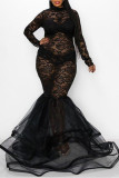 Black Sexy Solid Embroidered Patchwork See-through O Neck Trumpet Mermaid Dresses