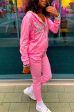 Pink Fashion Casual Letter Print Patchwork Hooded Collar Long Sleeve Two Pieces