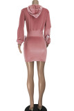 Pink Casual Solid Patchwork Hooded Collar Long Sleeve Dresses