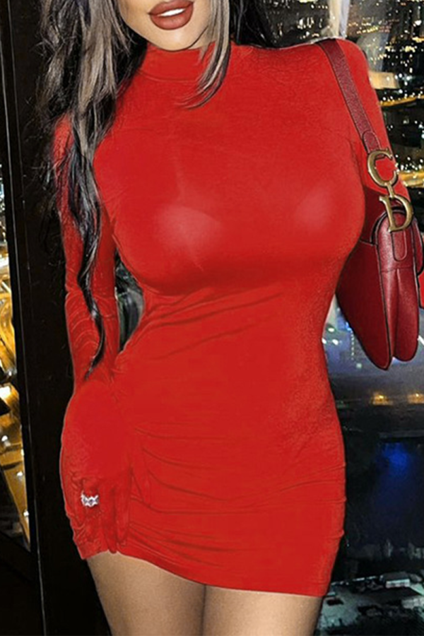 Red Sexy Solid Patchwork Half A Turtleneck Pencil Skirt Dresses
