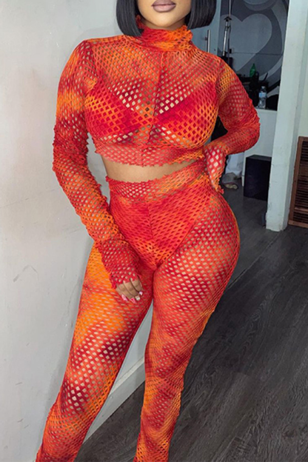 Red Sexy Print Mesh Half A Turtleneck Long Sleeve Two Pieces
