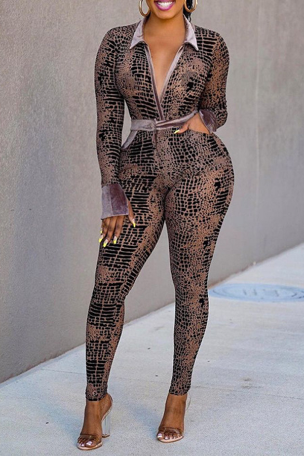 Brown Sexy Print Patchwork Turndown Collar Skinny Jumpsuits