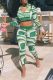 Green Sexy Print Patchwork Zipper Collar Long Sleeve Two Pieces