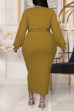 Earth Yellow Fashion Casual Solid Bandage O Neck Plus Size Two Pieces