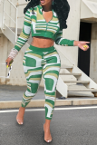 Green Sexy Print Patchwork Zipper Collar Long Sleeve Two Pieces