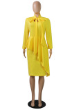 Yellow Casual Solid Patchwork Flounce Asymmetrical With Bow Asymmetrical Collar Plus Size Two Pieces