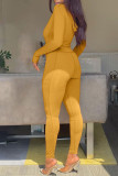 Yellow Casual Solid Patchwork Zipper Hooded Collar Regular Jumpsuits