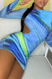 Blue Sexy Print Patchwork O Neck Pencil Skirt Dresses
