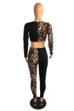 Black Fashion Casual Print Leopard Patchwork V Neck Long Sleeve Two Pieces