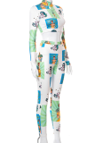 Green Sexy Print Patchwork Turndown Collar Long Sleeve Two Pieces