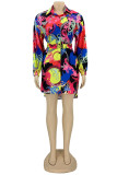 Multicolor Fashion Casual Print With Belt Turndown Collar Shirt Dress