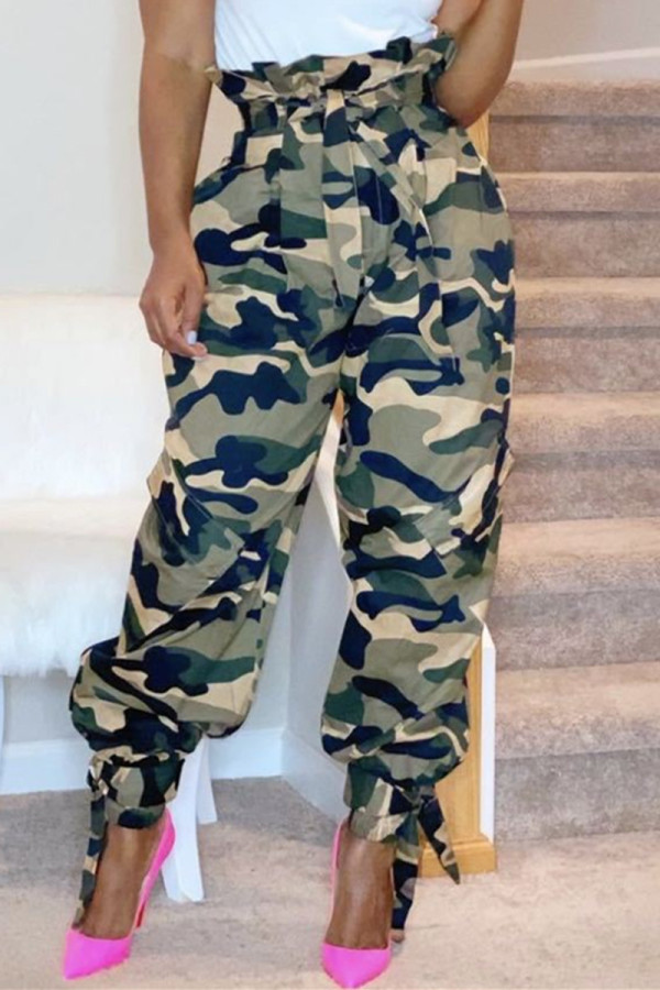 Army Green Fashion Casual Camouflage Print Pants Regular Trousers