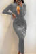 Grey Sexy Solid Hollowed Out Patchwork Zipper Turtleneck One Step Skirt Dresses