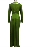 Green Fashion Sexy Bronzing Slit V Neck Long Sleeve Dresses