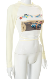 Apricot Sexy Print Draw String O Neck Tops