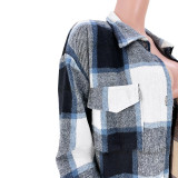 Red Casual Plaid Print Patchwork Buckle Turndown Collar Tops