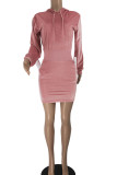 Pink Casual Solid Patchwork Hooded Collar Long Sleeve Dresses