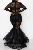 Black Sexy Solid Embroidered Patchwork See-through O Neck Trumpet Mermaid Dresses