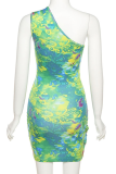 Green Sexy Print Hollowed Out One Shoulder Pencil Skirt Dresses