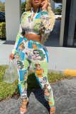 Green Sexy Print Patchwork Turndown Collar Long Sleeve Two Pieces