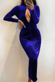 Blue Sexy Solid Hollowed Out Patchwork Zipper Turtleneck One Step Skirt Dresses