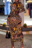 Multicolor Sexy Print Patchwork Mesh Half A Turtleneck Pencil Skirt Dresses