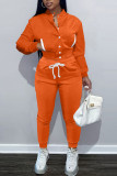 Tangerine Red Casual Solid Split Joint Buckle Long Sleeve Two Pieces