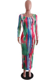 Colour Fashion Casual Print Tie-dye O Neck Long Sleeve Dresses