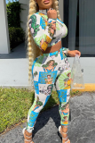 Green Sexy Print Patchwork Turndown Collar Long Sleeve Two Pieces