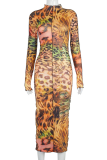 Multicolor Sexy Print Patchwork Mesh Half A Turtleneck Pencil Skirt Dresses