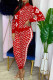 Red Fashion Street Print Patchwork Zipper Collar Long Sleeve Two Pieces