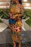 Multicolor Sexy Print Patchwork Mesh Half A Turtleneck Pencil Skirt Dresses