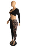 Black Fashion Casual Print Leopard Patchwork V Neck Long Sleeve Two Pieces