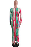 Colour Fashion Casual Print Tie-dye O Neck Long Sleeve Dresses