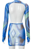 Blue Sexy Print Patchwork O Neck Pencil Skirt Dresses