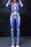Blue Street Punk Print Patchwork Hooded Collar Regular Jumpsuits