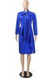 Blue Casual Solid Patchwork Flounce Asymmetrical With Bow Asymmetrical Collar Plus Size Two Pieces