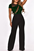Ink Green Fashion Sexy Patchwork Sequins See-through O Neck Regular Jumpsuits