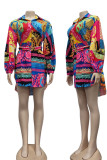 Colorful Blue Casual Print Split Joint Buckle With Belt Turndown Collar Shirt Dress Dresses