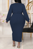 Deep Blue Fashion Casual Solid Bandage O Neck Plus Size Two Pieces