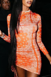 Orange Sexy Print Patchwork Half A Turtleneck Pencil Skirt Dresses