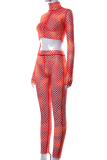 Red Sexy Print Mesh Half A Turtleneck Long Sleeve Two Pieces