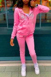 Pink Fashion Casual Letter Print Patchwork Hooded Collar Long Sleeve Two Pieces