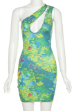 Green Sexy Print Hollowed Out One Shoulder Pencil Skirt Dresses