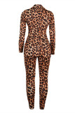 Leopard Print Fashion Casual Print Cardigan Pants Turndown Collar Long Sleeve Two Pieces