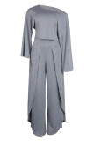 Grey Fashion Casual Solid Slit Oblique Collar Long Sleeve Two Pieces