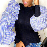 White Casual Striped Print Patchwork Fold O Neck Tops